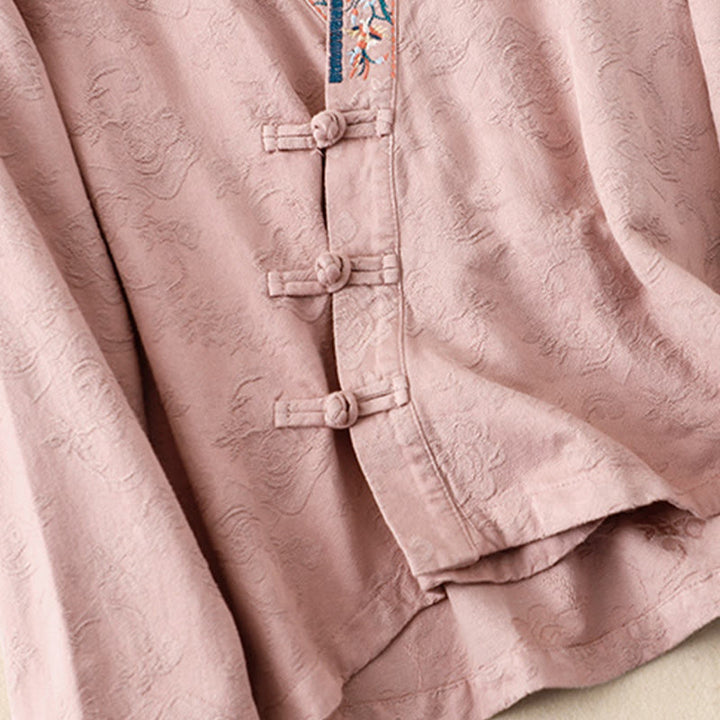 Chemise femme en coton à manches longues et boutons grenouille, motif fleurs brodées de Buddha Stones - image 11