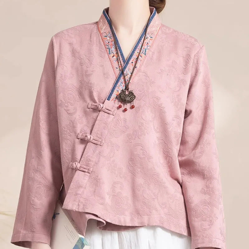Chemise femme en coton à manches longues et boutons grenouille, motif fleurs brodées de Buddha Stones - image 3