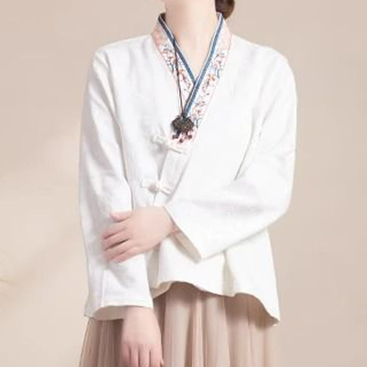 Chemise femme en coton à manches longues et boutons grenouille, motif fleurs brodées de Buddha Stones - Blanc - US12，UK/AU16，EU44 (3XL) - image 13