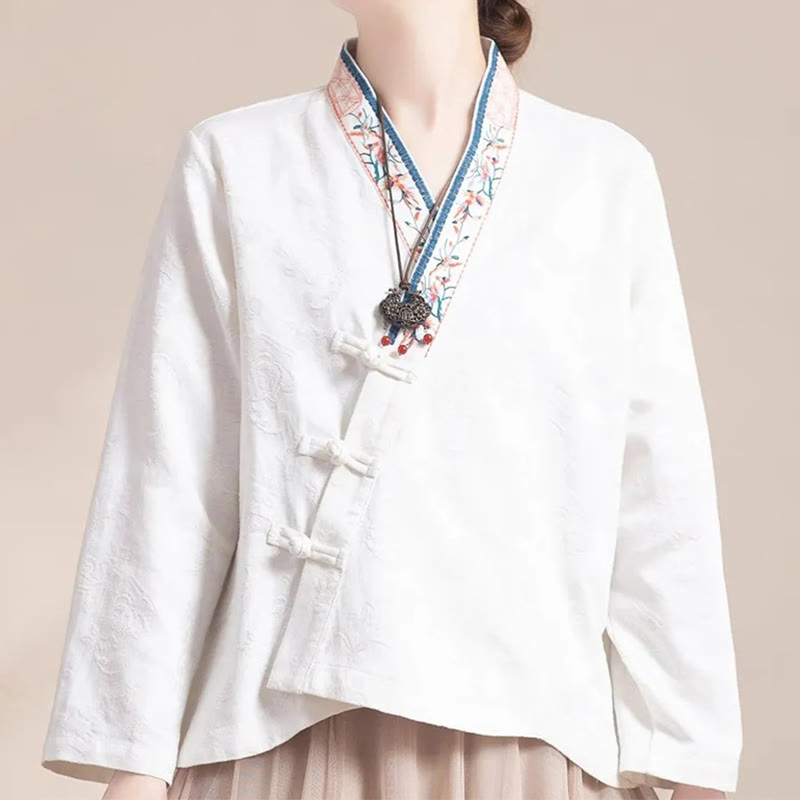 Chemise femme en coton à manches longues et boutons grenouille, motif fleurs brodées de Buddha Stones - image 16