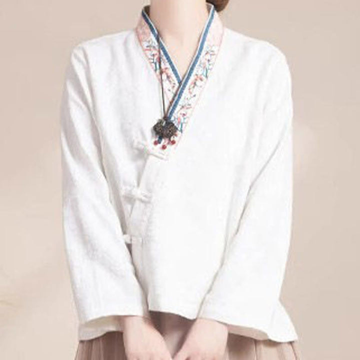 Chemise femme en coton à manches longues et boutons grenouille, motif fleurs brodées de Buddha Stones - image 14