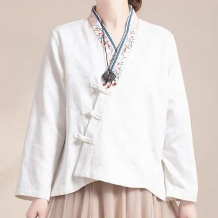 Chemise femme en coton à manches longues et boutons grenouille, motif fleurs brodées de Buddha Stones - image 15