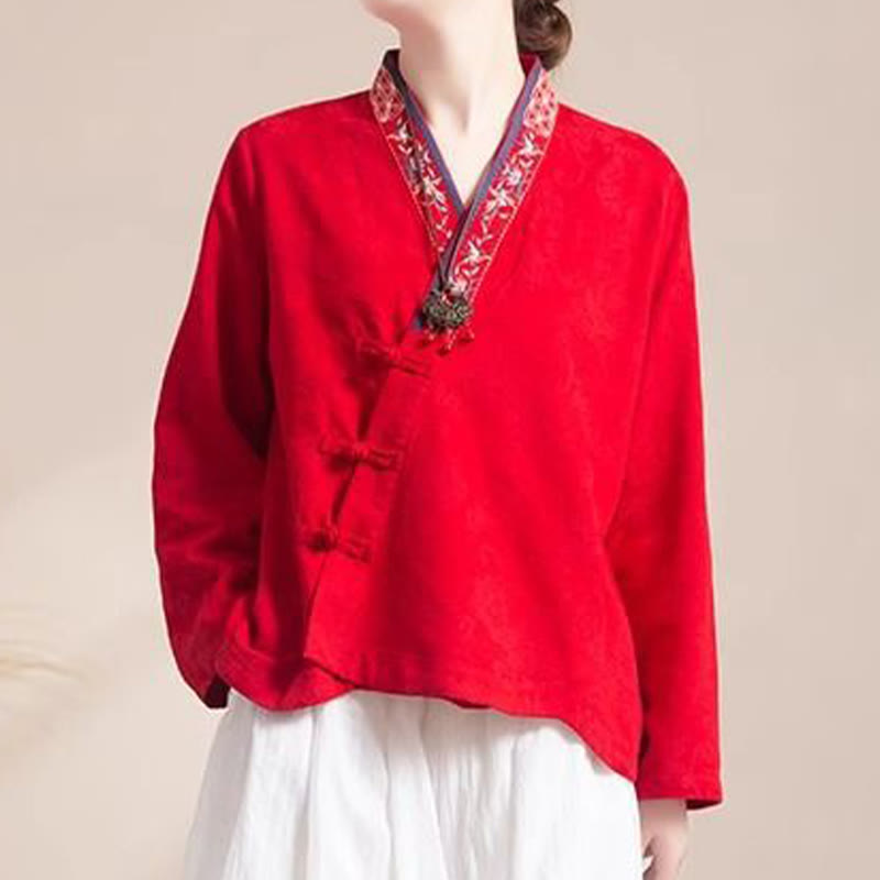 Chemise femme en coton à manches longues et boutons grenouille, motif fleurs brodées de Buddha Stones - Rouge - US12，UK/AU16，EU44 (3XL) - image 17