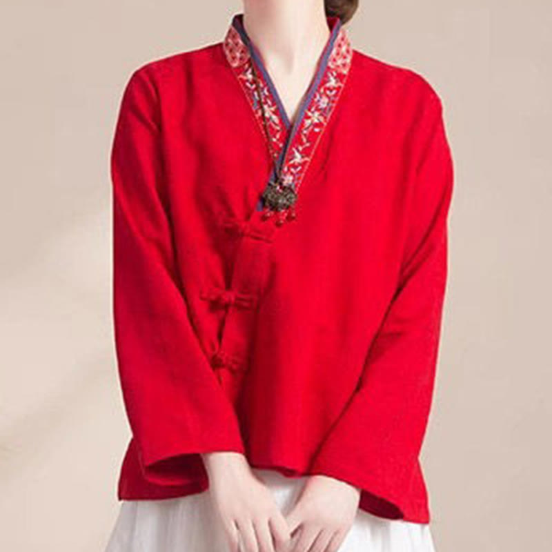 Chemise femme en coton à manches longues et boutons grenouille, motif fleurs brodées de Buddha Stones - image 18