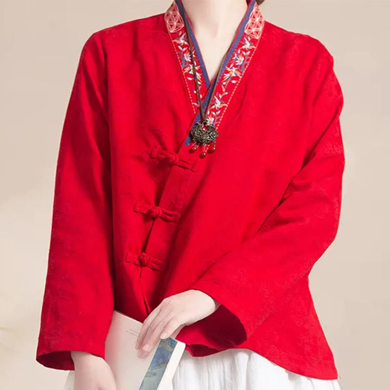 Chemise femme en coton à manches longues et boutons grenouille, motif fleurs brodées de Buddha Stones - image 19