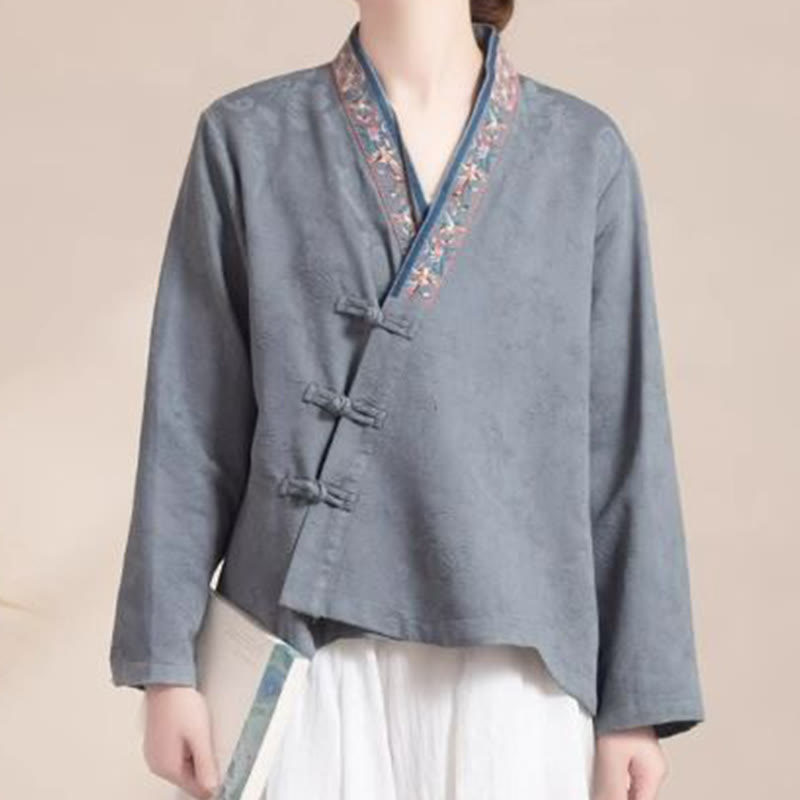 Chemise femme en coton à manches longues et boutons grenouille, motif fleurs brodées de Buddha Stones - image 22