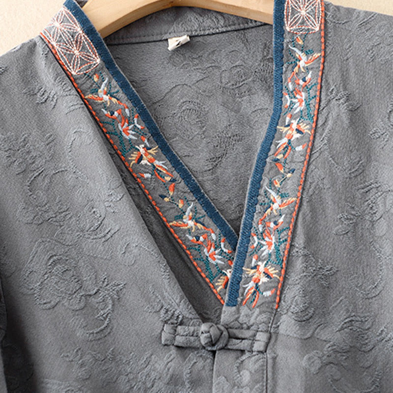 Chemise femme en coton à manches longues et boutons grenouille, motif fleurs brodées de Buddha Stones - image 27
