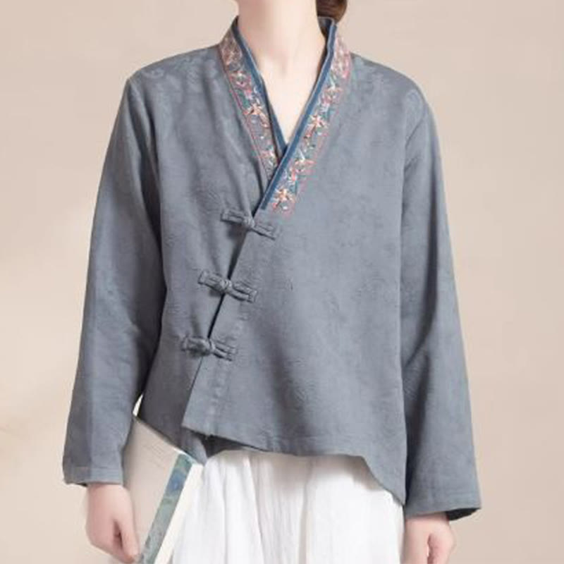 Chemise femme en coton à manches longues et boutons grenouille, motif fleurs brodées de Buddha Stones - Gris - US12，UK/AU16，EU44 (3XL) - image 20