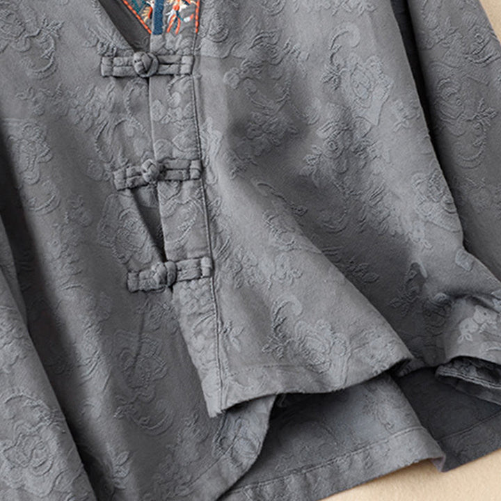 Chemise femme en coton à manches longues et boutons grenouille, motif fleurs brodées de Buddha Stones - image 23