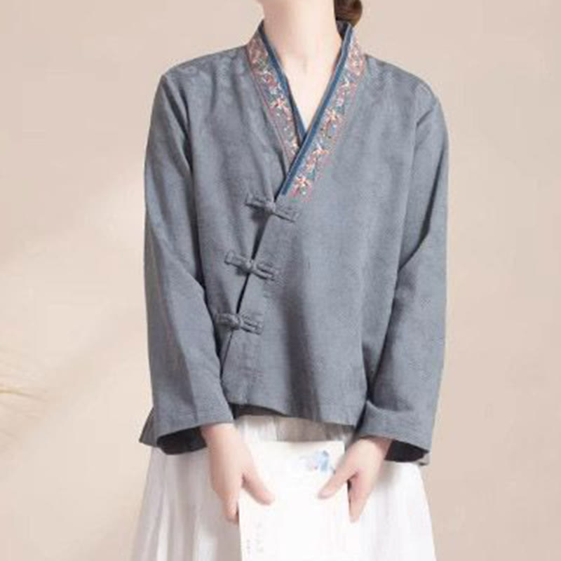 Chemise femme en coton à manches longues et boutons grenouille, motif fleurs brodées de Buddha Stones - image 21