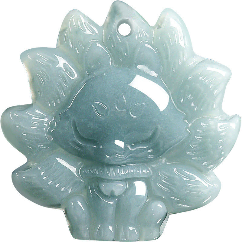Collier pendentif renard à neuf queues en jade vert naturel et Buddha Stones