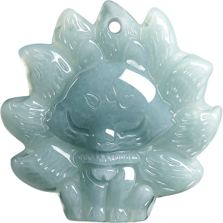 Collier pendentif renard à neuf queues en jade vert naturel et Buddha Stones