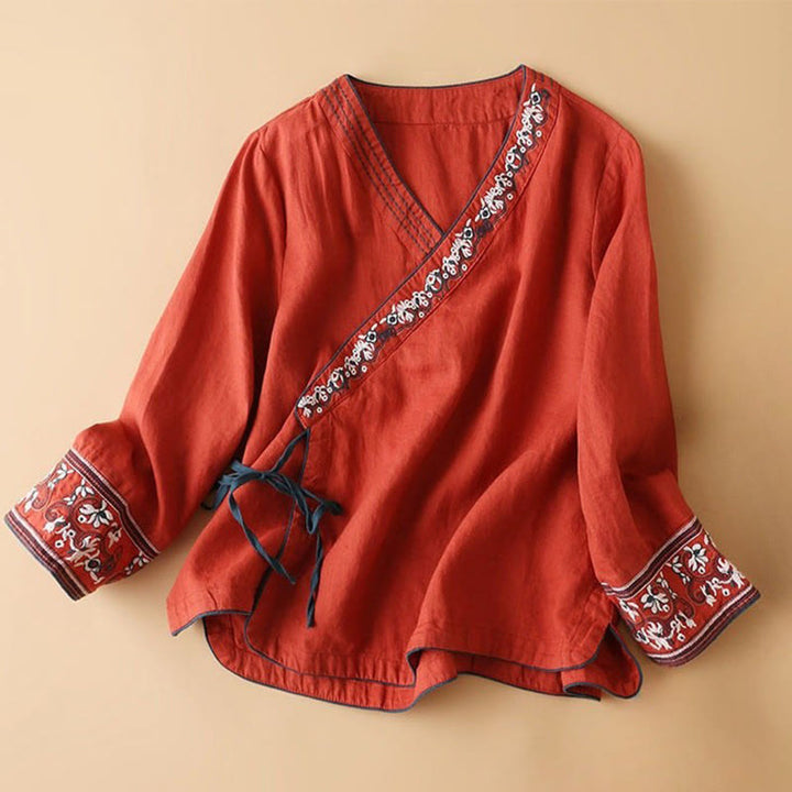 Chemise décontractée en coton à manches longues et col incliné avec broderies de Buddha Stones et fleurs pour femme