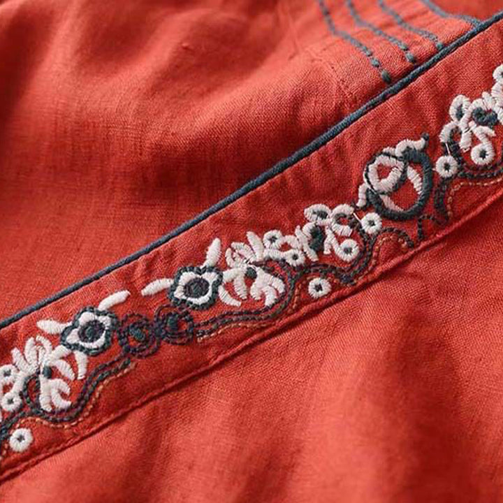 Chemise décontractée en coton à manches longues et col incliné avec broderies de Buddha Stones et fleurs pour femme