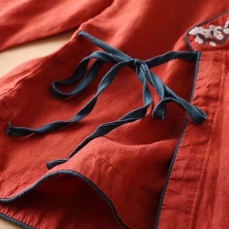 Chemise décontractée en coton à manches longues et col incliné avec broderies de Buddha Stones et fleurs pour femme