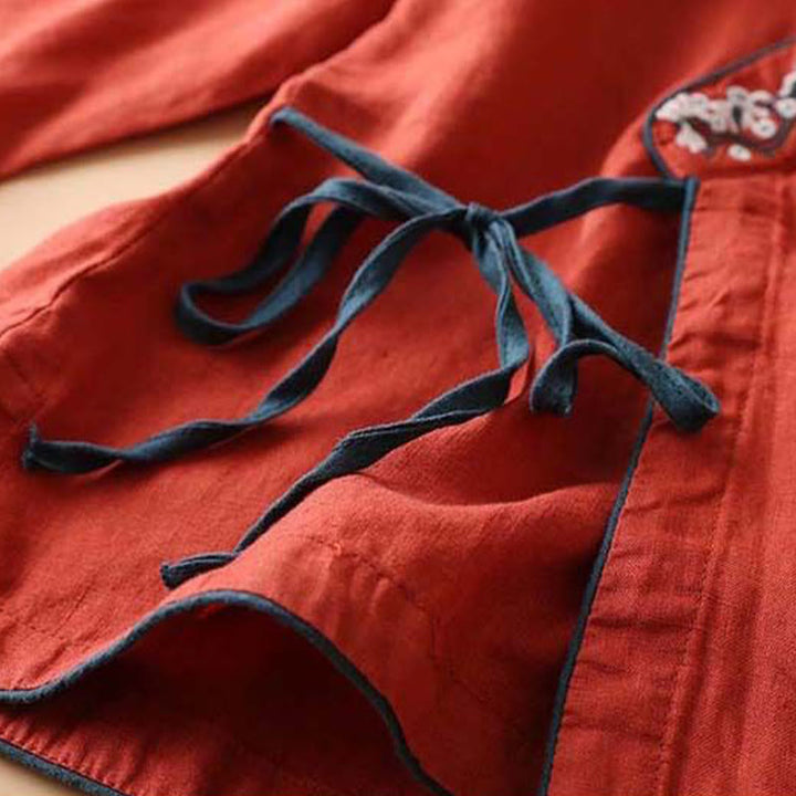 Chemise décontractée en coton à manches longues et col incliné avec broderies de Buddha Stones et fleurs pour femme