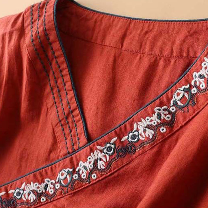 Chemise décontractée en coton à manches longues et col incliné avec broderies de Buddha Stones et fleurs pour femme