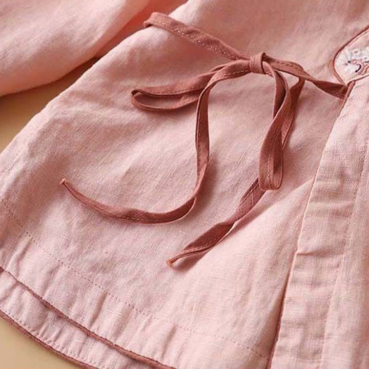 Chemise décontractée en coton à manches longues et col incliné avec broderies de Buddha Stones et fleurs pour femme