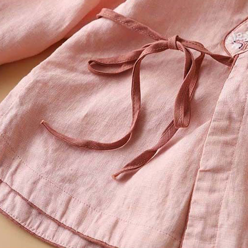 Chemise décontractée en coton à manches longues et col incliné avec broderies de Buddha Stones et fleurs pour femme