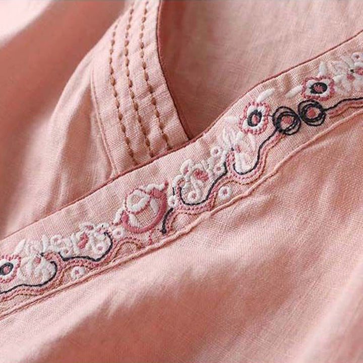Chemise décontractée en coton à manches longues et col incliné avec broderies de Buddha Stones et fleurs pour femme