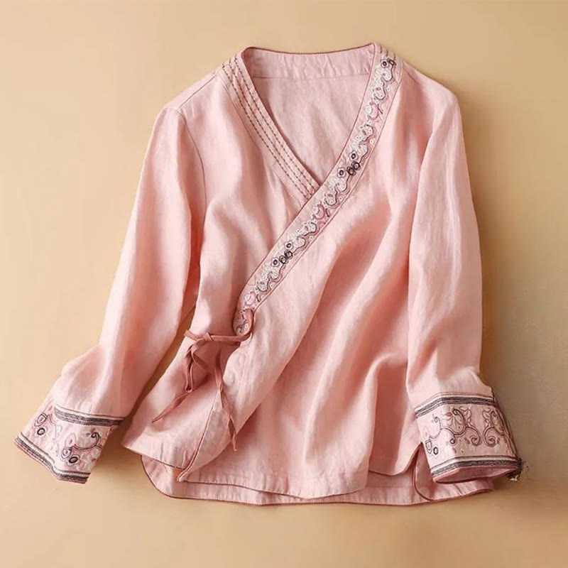 Chemise décontractée en coton à manches longues et col incliné avec broderies de Buddha Stones et fleurs pour femme