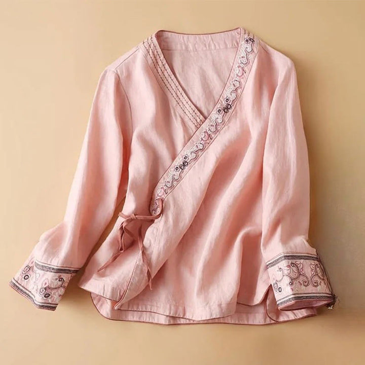 Chemise décontractée en coton à manches longues et col incliné avec broderies de Buddha Stones et fleurs pour femme