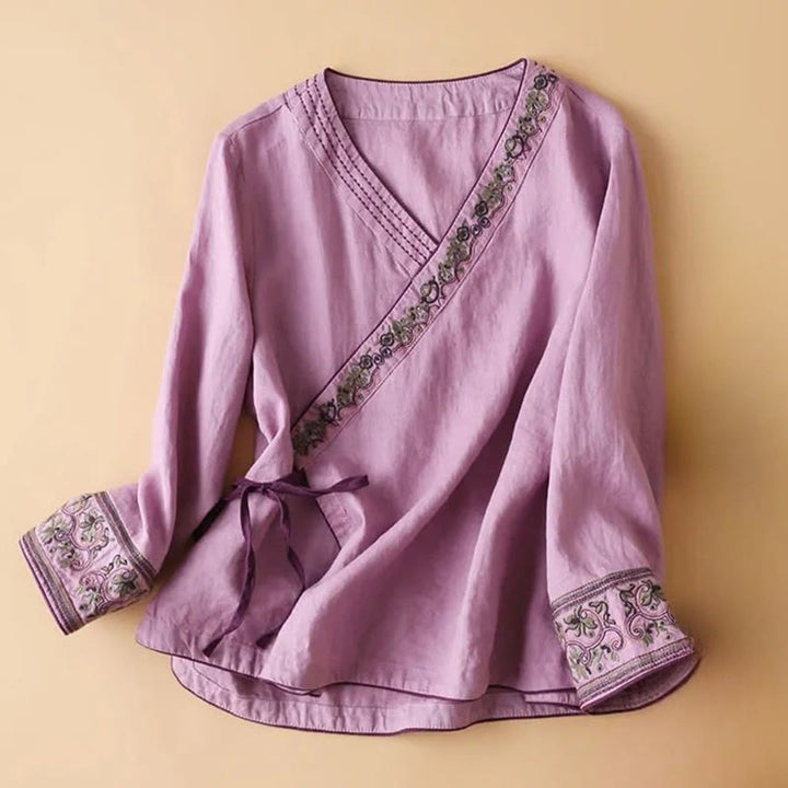 Chemise décontractée en coton à manches longues et col incliné avec broderies de Buddha Stones et fleurs pour femme