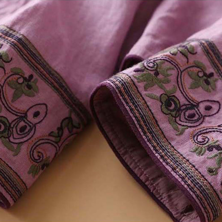 Chemise décontractée en coton à manches longues et col incliné avec broderies de Buddha Stones et fleurs pour femme