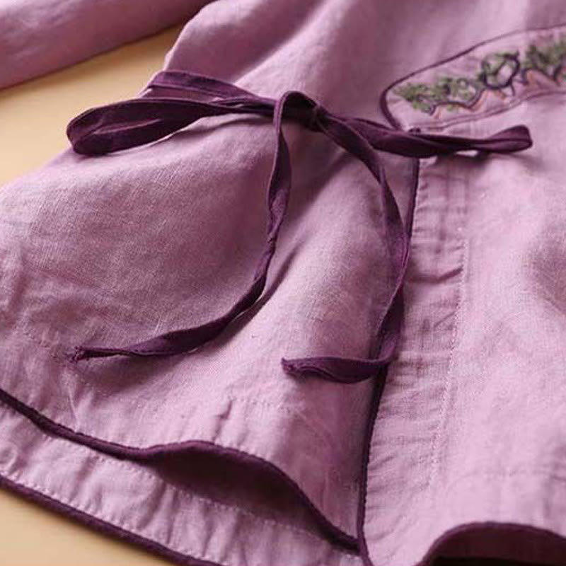 Chemise décontractée en coton à manches longues et col incliné avec broderies de Buddha Stones et fleurs pour femme