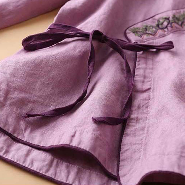 Chemise décontractée en coton à manches longues et col incliné avec broderies de Buddha Stones et fleurs pour femme