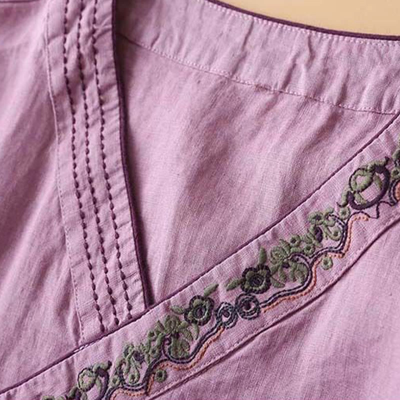 Chemise décontractée en coton à manches longues et col incliné avec broderies de Buddha Stones et fleurs pour femme