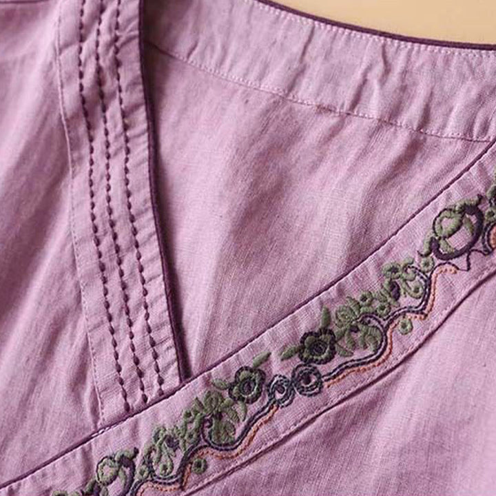 Chemise décontractée en coton à manches longues et col incliné avec broderies de Buddha Stones et fleurs pour femme
