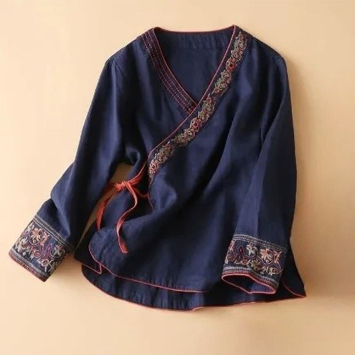 Chemise décontractée en coton à manches longues et col incliné avec broderies de Buddha Stones et fleurs pour femme