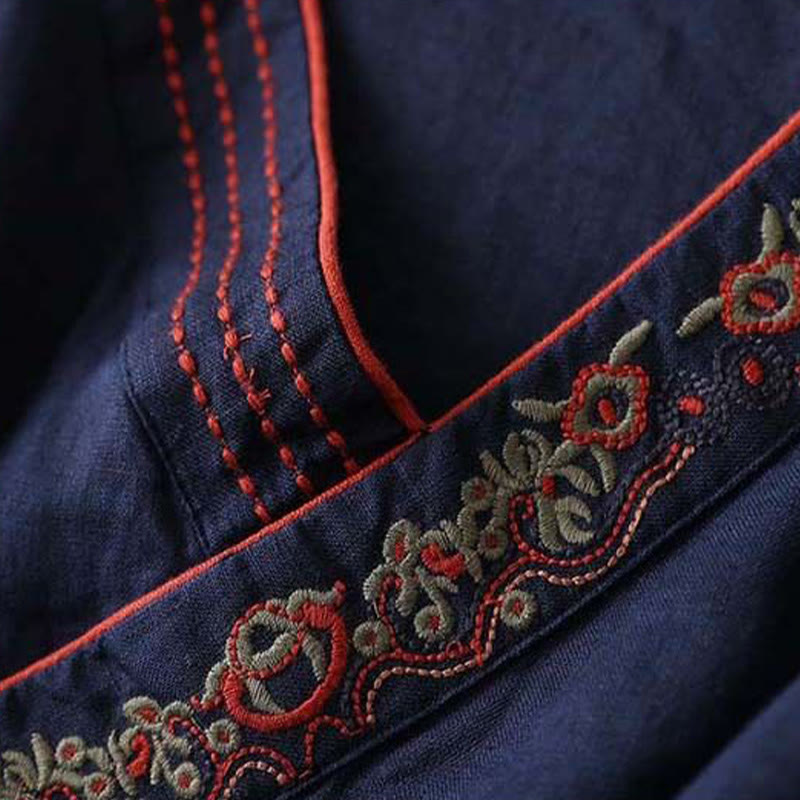 Chemise décontractée en coton à manches longues et col incliné avec broderies de Buddha Stones et fleurs pour femme