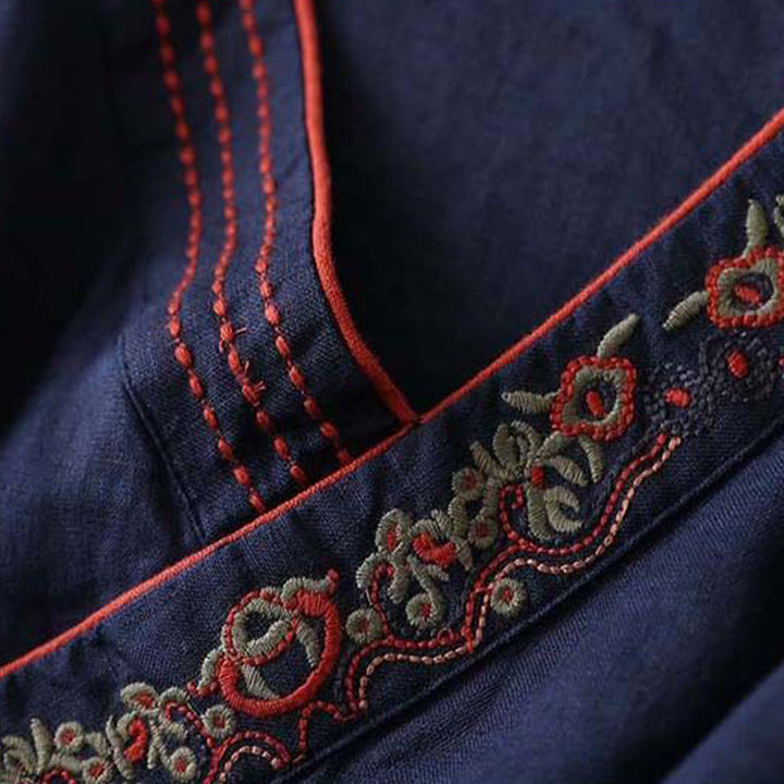 Chemise décontractée en coton à manches longues et col incliné avec broderies de Buddha Stones et fleurs pour femme