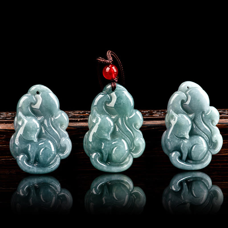 Collier pendentif fée renard à neuf queues en jade vert naturel avec Buddha Stones