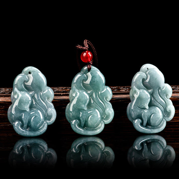 Collier pendentif fée renard à neuf queues en jade vert naturel avec Buddha Stones