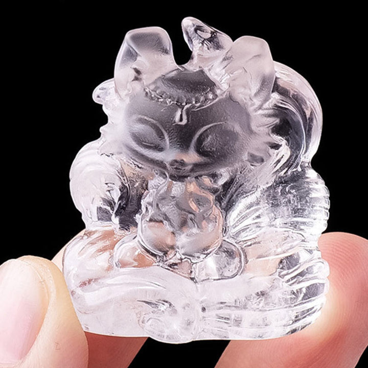 Buddha Stones en cristal blanc naturel, mini renard à neuf queues sculpté, décoration de guérison pour la maison - Cristal blanc 3*3,8 cm - image 0