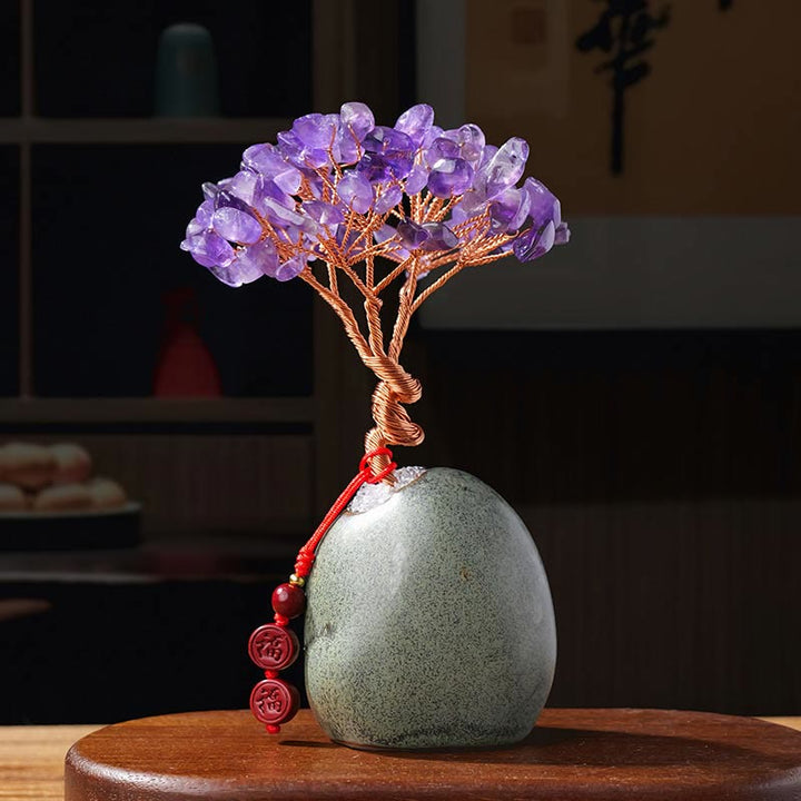Buddha Stones Citrine Améthyste Vert Aventurine Cristal Arbre Base en Céramique Prospérité Décoration de la Maison