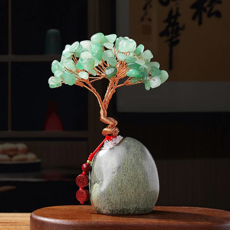 Buddha Stones Citrine Améthyste Vert Aventurine Cristal Arbre Base en Céramique Prospérité Décoration de la Maison