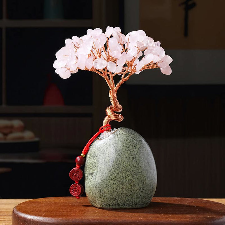 Buddha Stones Citrine Améthyste Vert Aventurine Cristal Arbre Base en Céramique Prospérité Décoration de la Maison - Cristal rose 4,5 x 12 cm - image 9