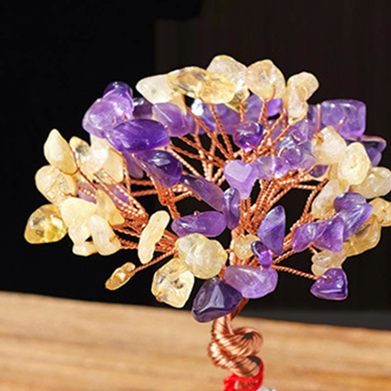 Buddha Stones Citrine Améthyste Vert Aventurine Cristal Arbre Base en Céramique Prospérité Décoration de la Maison