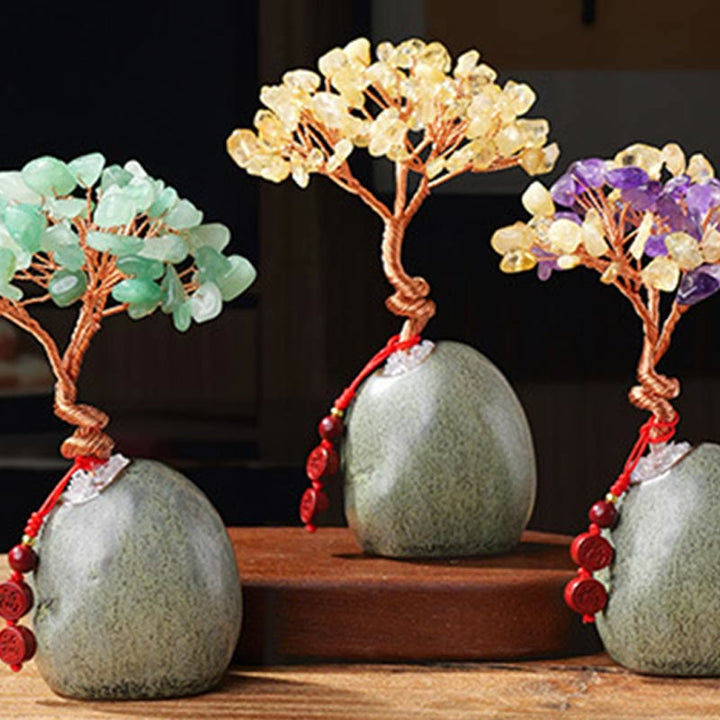 Buddha Stones Citrine Améthyste Vert Aventurine Cristal Arbre Base en Céramique Prospérité Décoration de la Maison