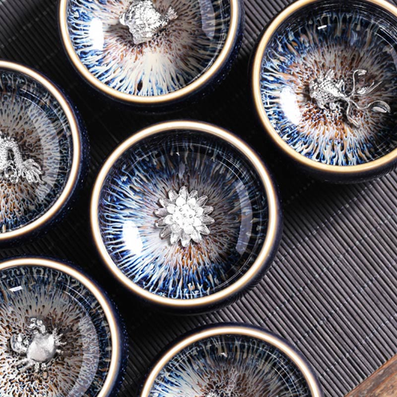 Tasse à thé en céramique faite à la main avec Buddha Stones , motif Jianzhan, poisson koï, lotus, dragon, phénix, 12 signes du zodiaque chinois, tasse à thé Kung Fu, 70 ml