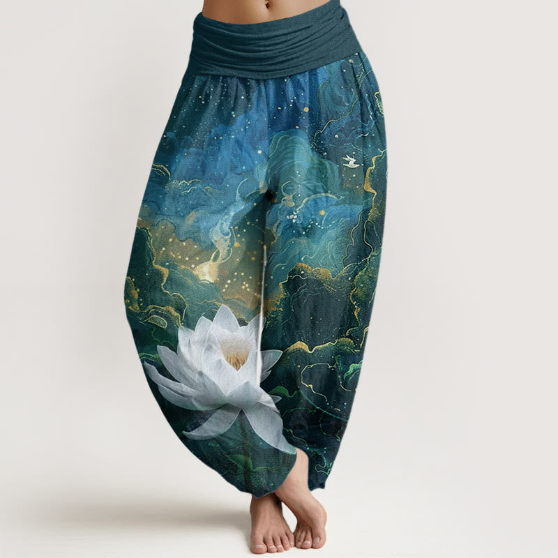 Pantalon Buddha Stones décontracté à taille élastique pour femme, motif lotus, ciel étoilé et nuages - Cyan foncé - US22，UK/AU26，EU54 (6XL) - image 1
