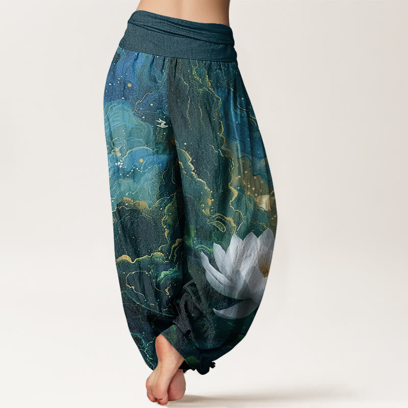 Pantalon harem femme en coton décontracté à taille élastique, motif lotus, ciel étoilé et nuages, avec Buddha Stones - image 2