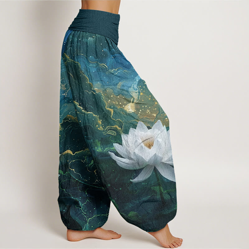 Pantalon harem femme en coton décontracté à taille élastique, motif lotus, ciel étoilé et nuages, avec Buddha Stones - image 1