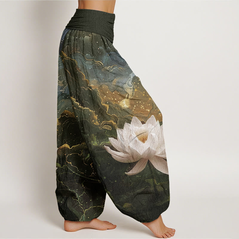 Pantalon harem femme en coton décontracté à taille élastique, motif lotus, ciel étoilé et nuages, avec Buddha Stones - image 5