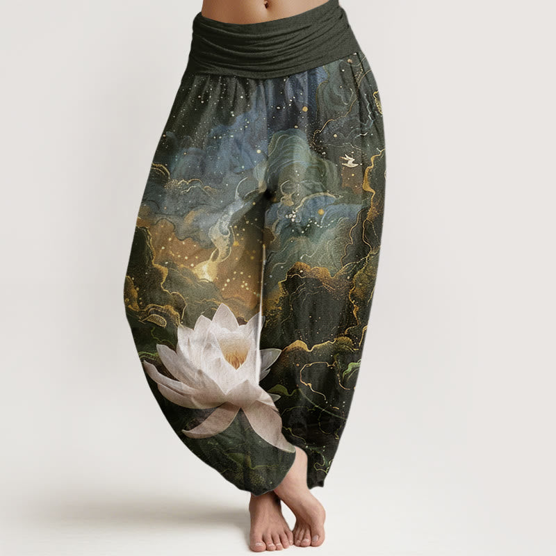 Pantalon harem femme en coton décontracté à taille élastique, motif lotus, ciel étoilé et nuages, avec Buddha Stones - SaddleBrown - US22，UK/AU26，EU54 (6XL) - image 4