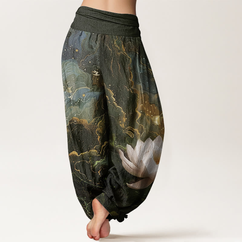Pantalon harem femme en coton décontracté à taille élastique, motif lotus, ciel étoilé et nuages, avec Buddha Stones - image 6